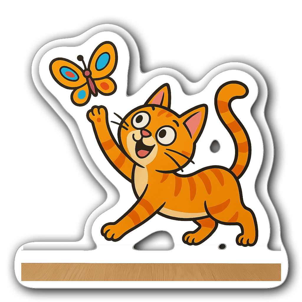 Playful cartoon cat reaching for a whimsical butterfly design