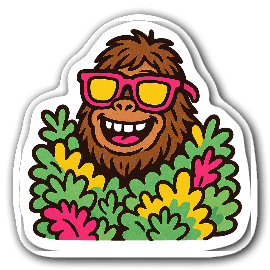 Quirky Bigfoot sticker peeking behind colorful foliage