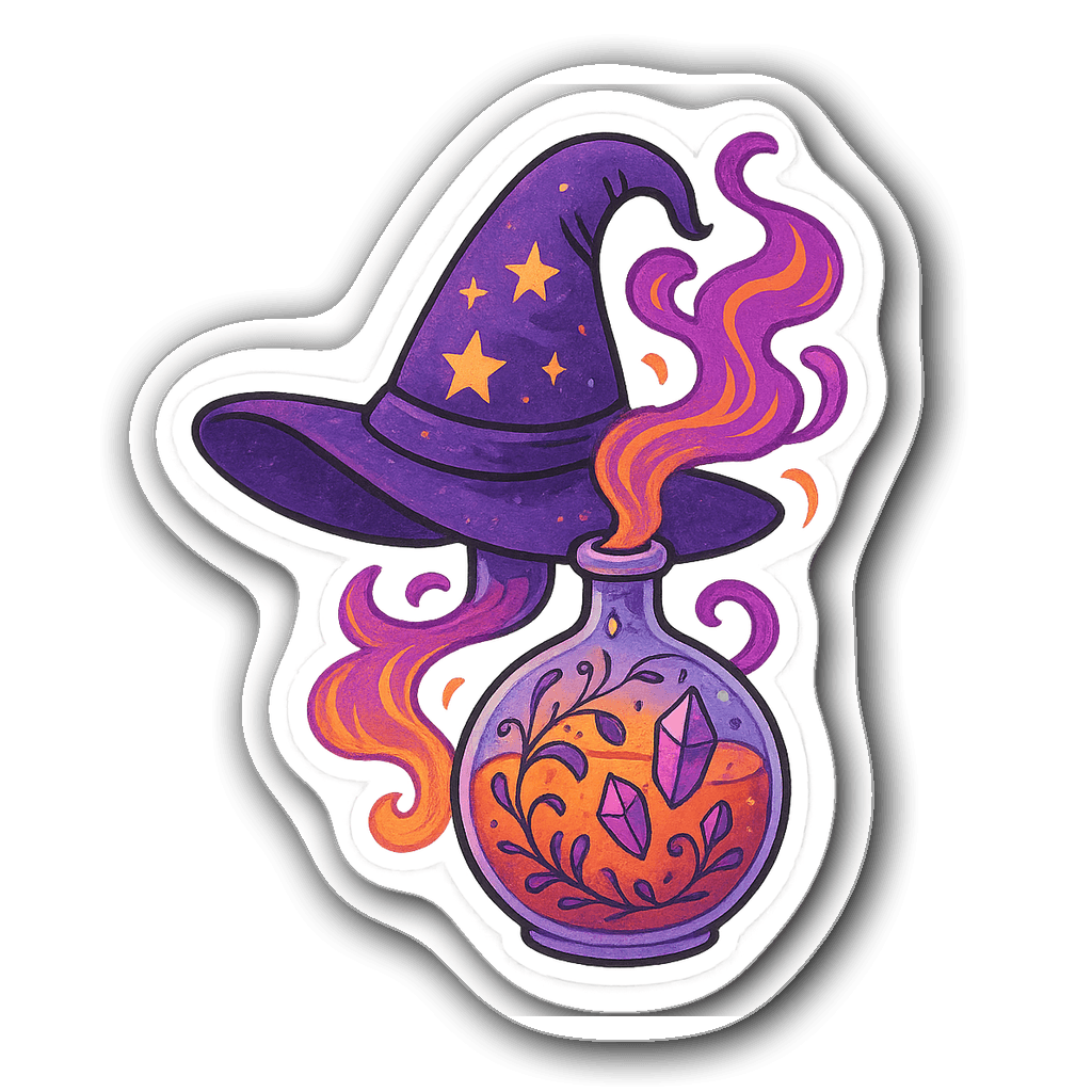 Witch's hat on a potion bottle, stained glass style sticker