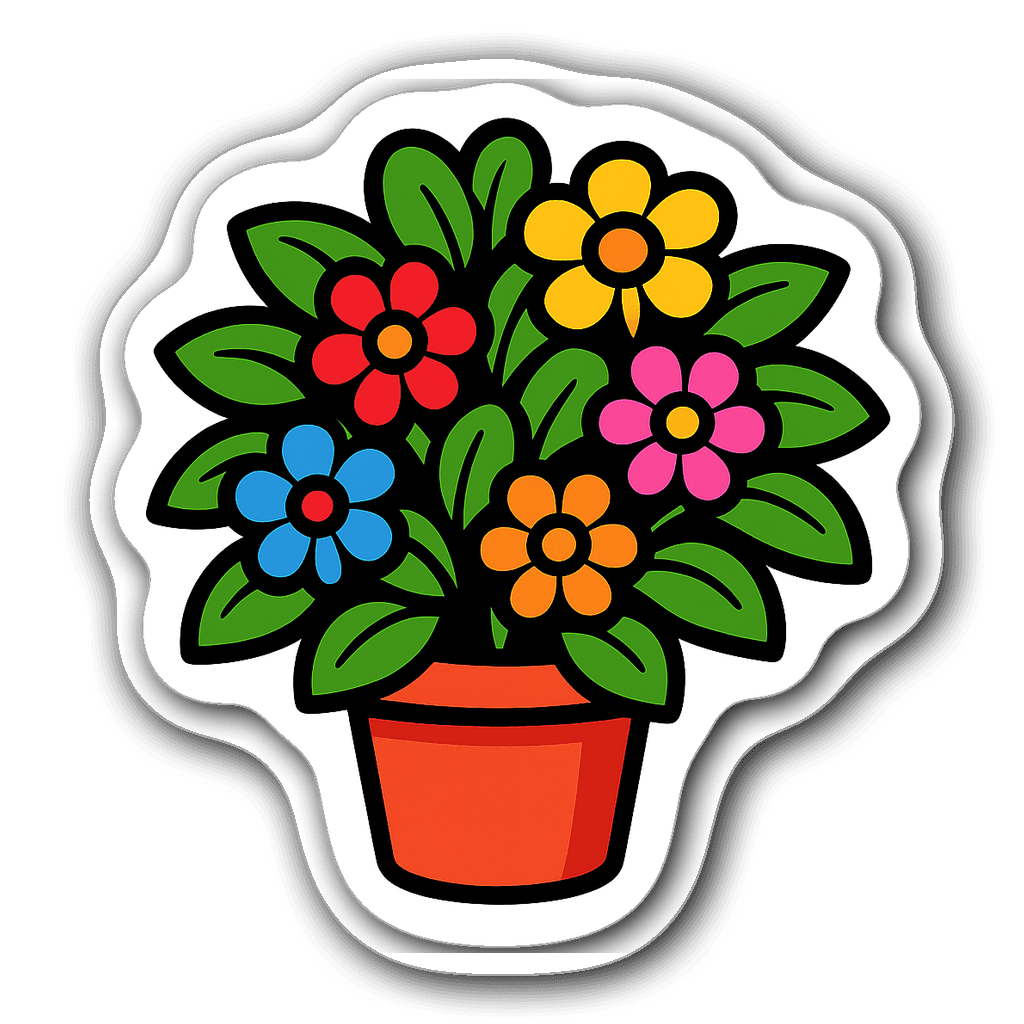 Vibrant potted plant with colorful flowers in flat vector style