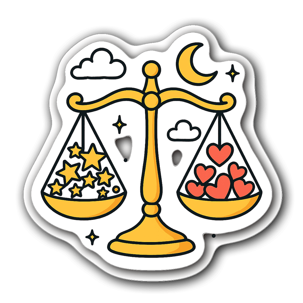 Vibrant Libra zodiac scale sticker with stars and a crescent moon.