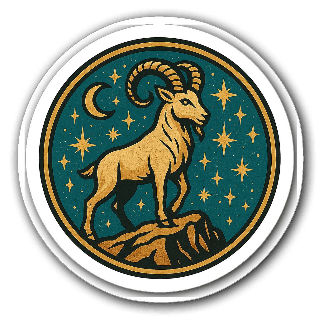 Vintage badge sticker design featuring a Capricorn goat and stars
