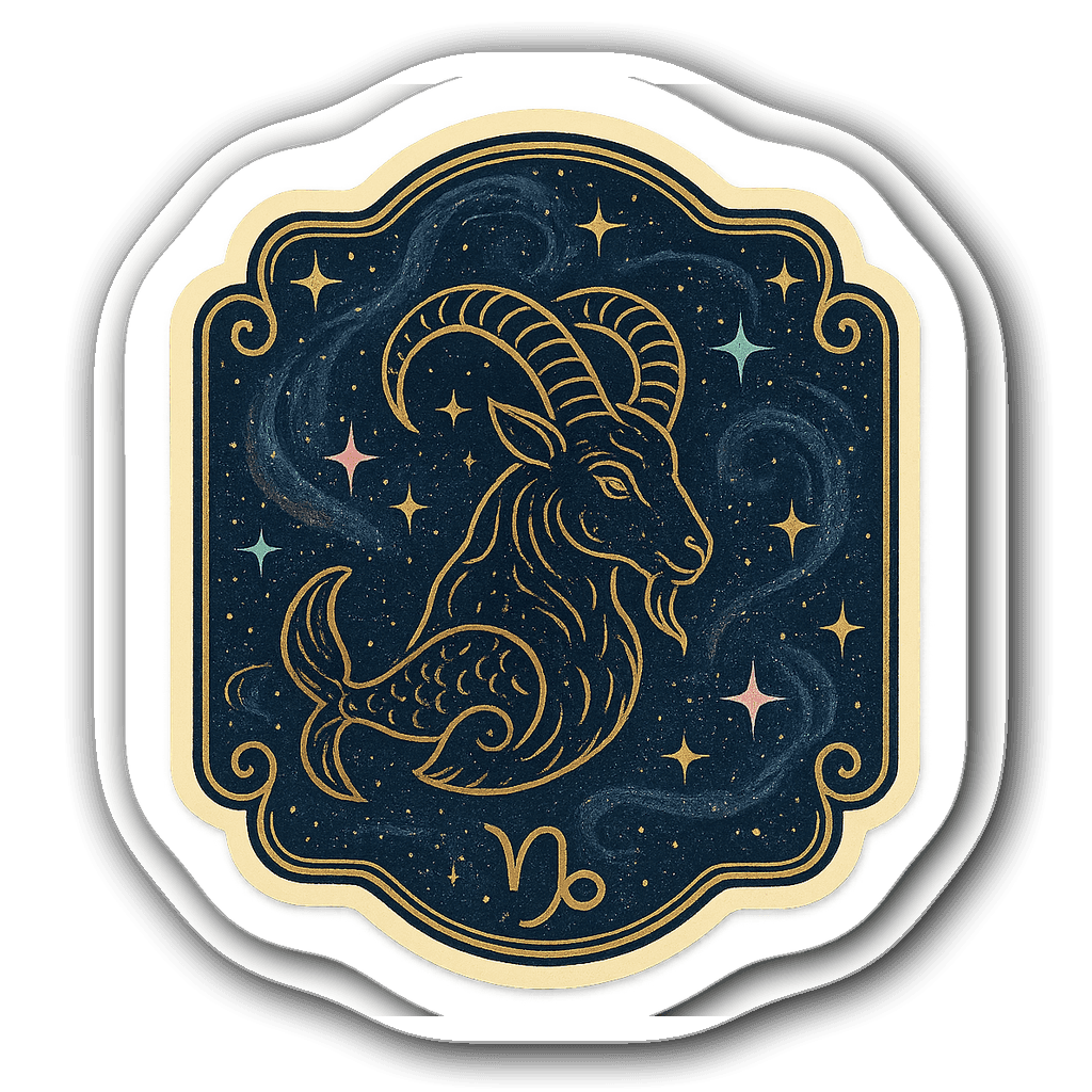Capricorn constellation sticker with gold emblem and galaxies.