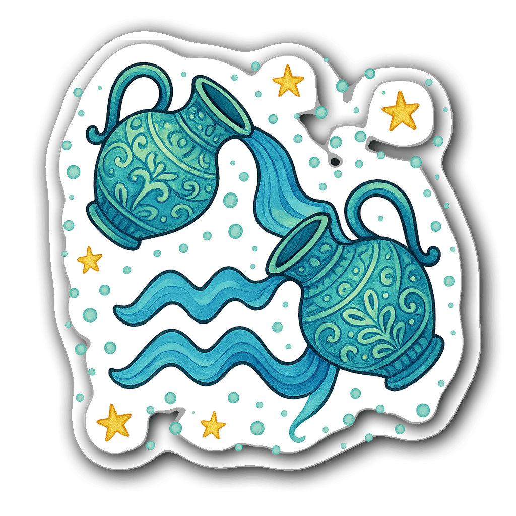 Whimsical watercolor illustration of the Aquarius zodiac symbol