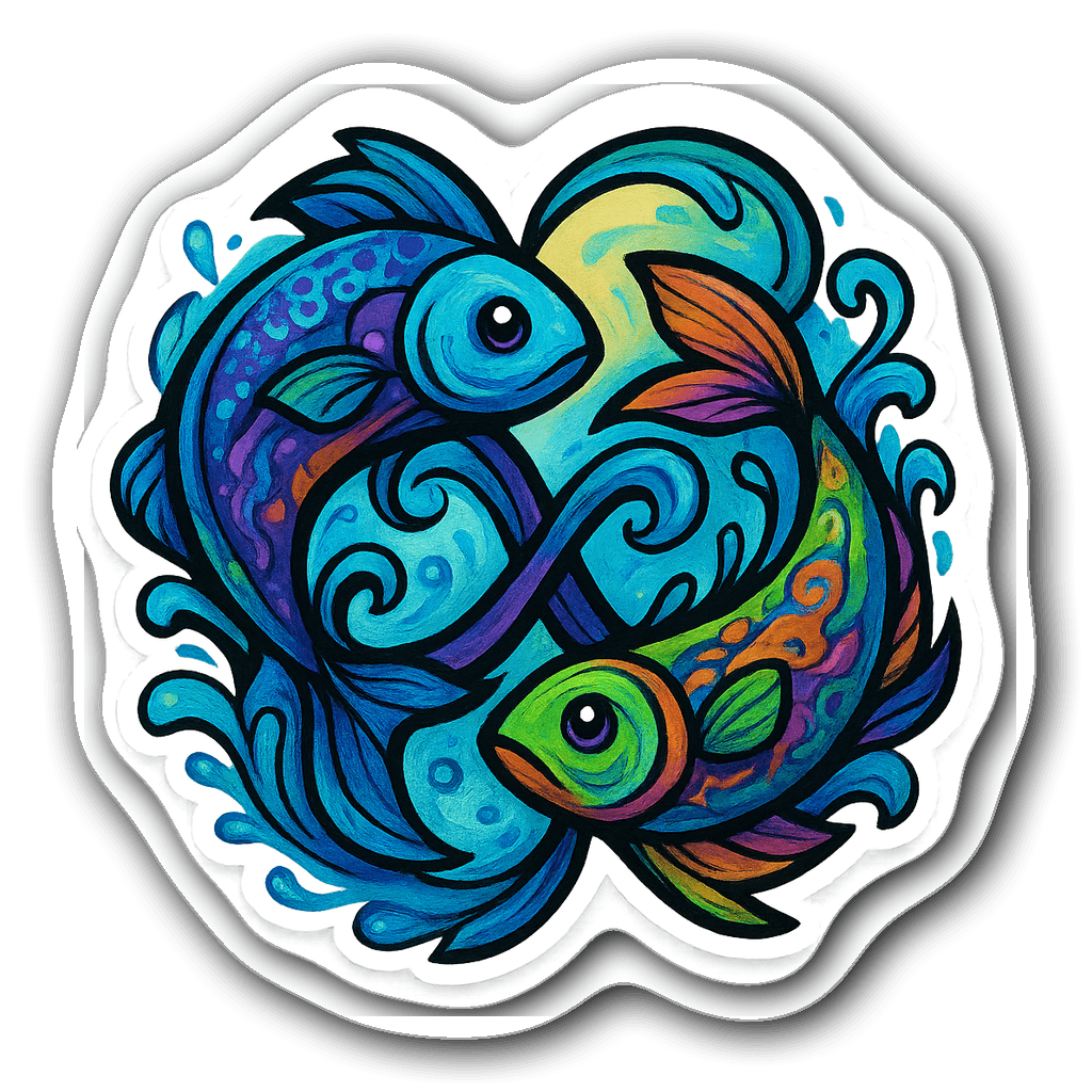 Vibrant graffiti-style Pisces sticker with entwined fish