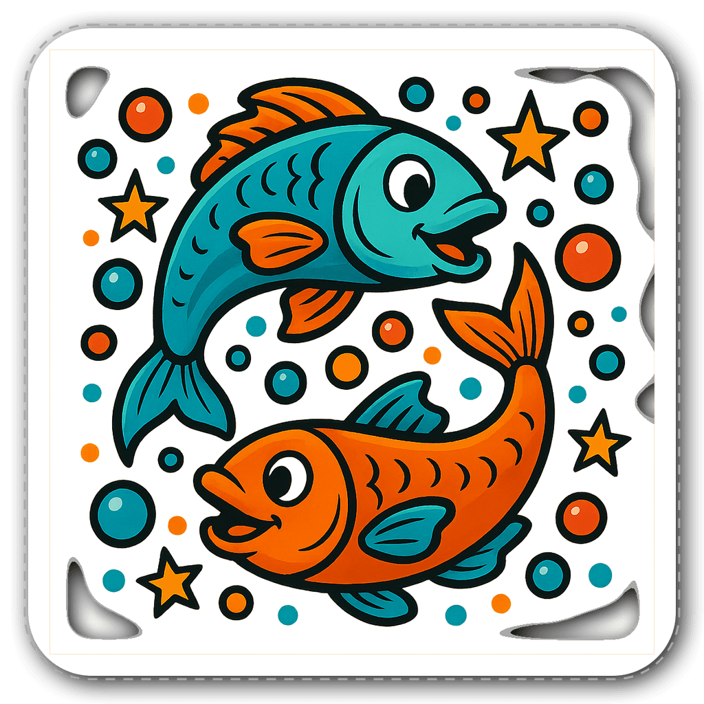 Pisces graffiti style sticker with cartoonish fish and bubbles