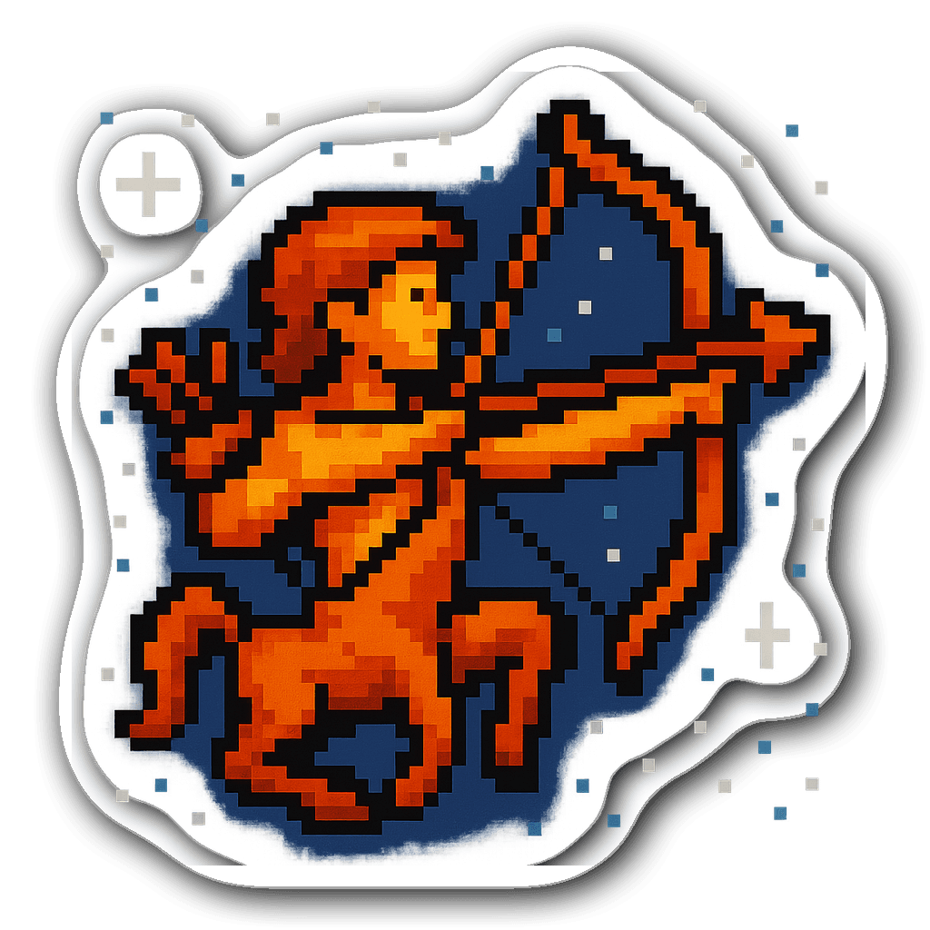 Sagittarius pixel art sticker of an archer aiming at stars