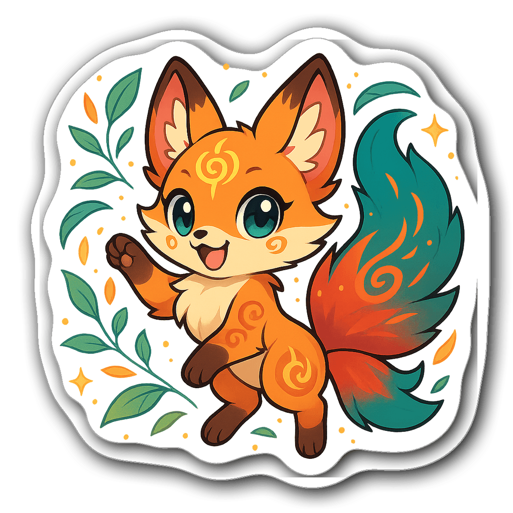 Anime fox spirit character die-cut sticker with colorful tails