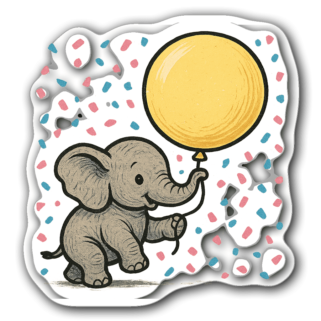 Baby elephant holding a pastel yellow balloon with confetti