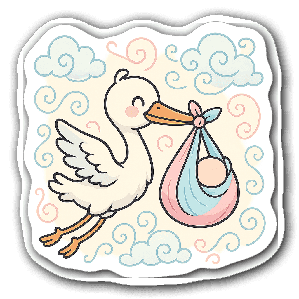 Adorable stork carrying a pastel bundle in a woodblock style
