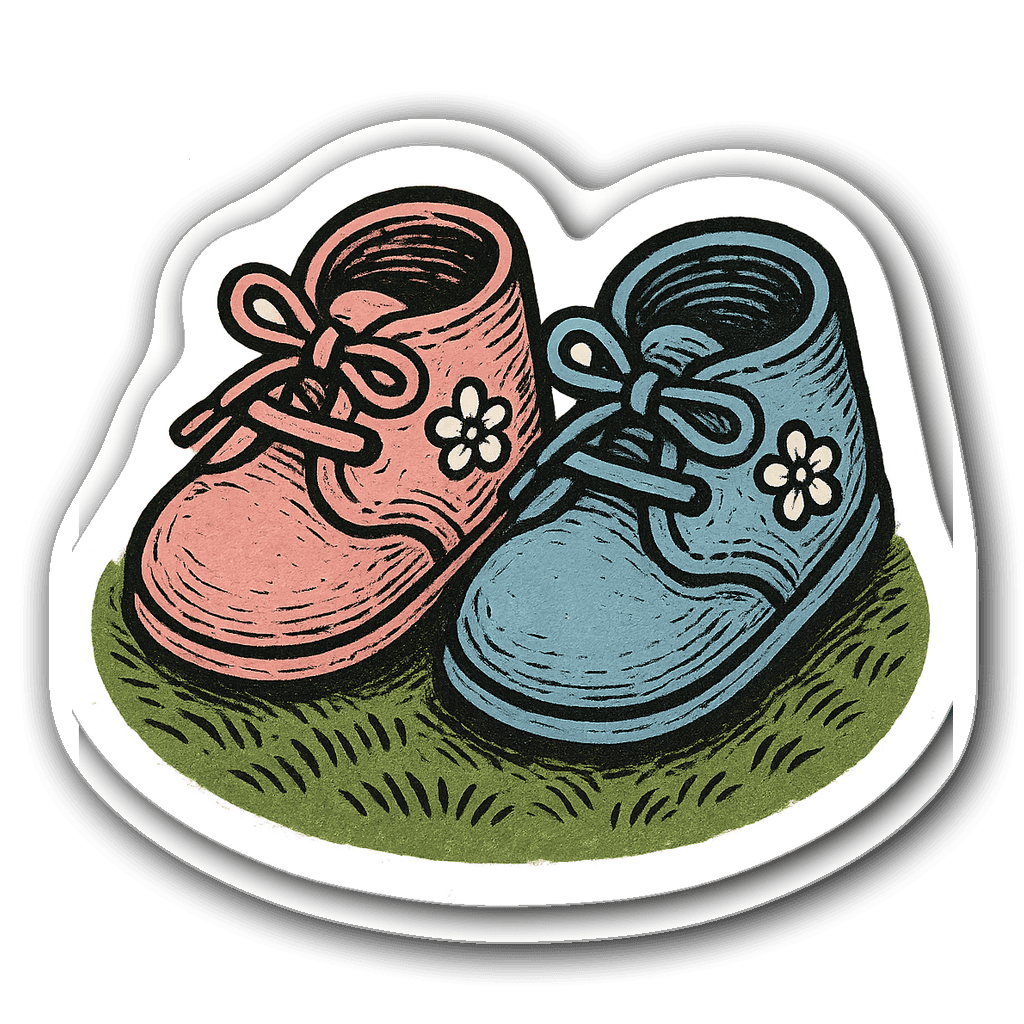 Baby shoes in linocut style on grass patch sticker