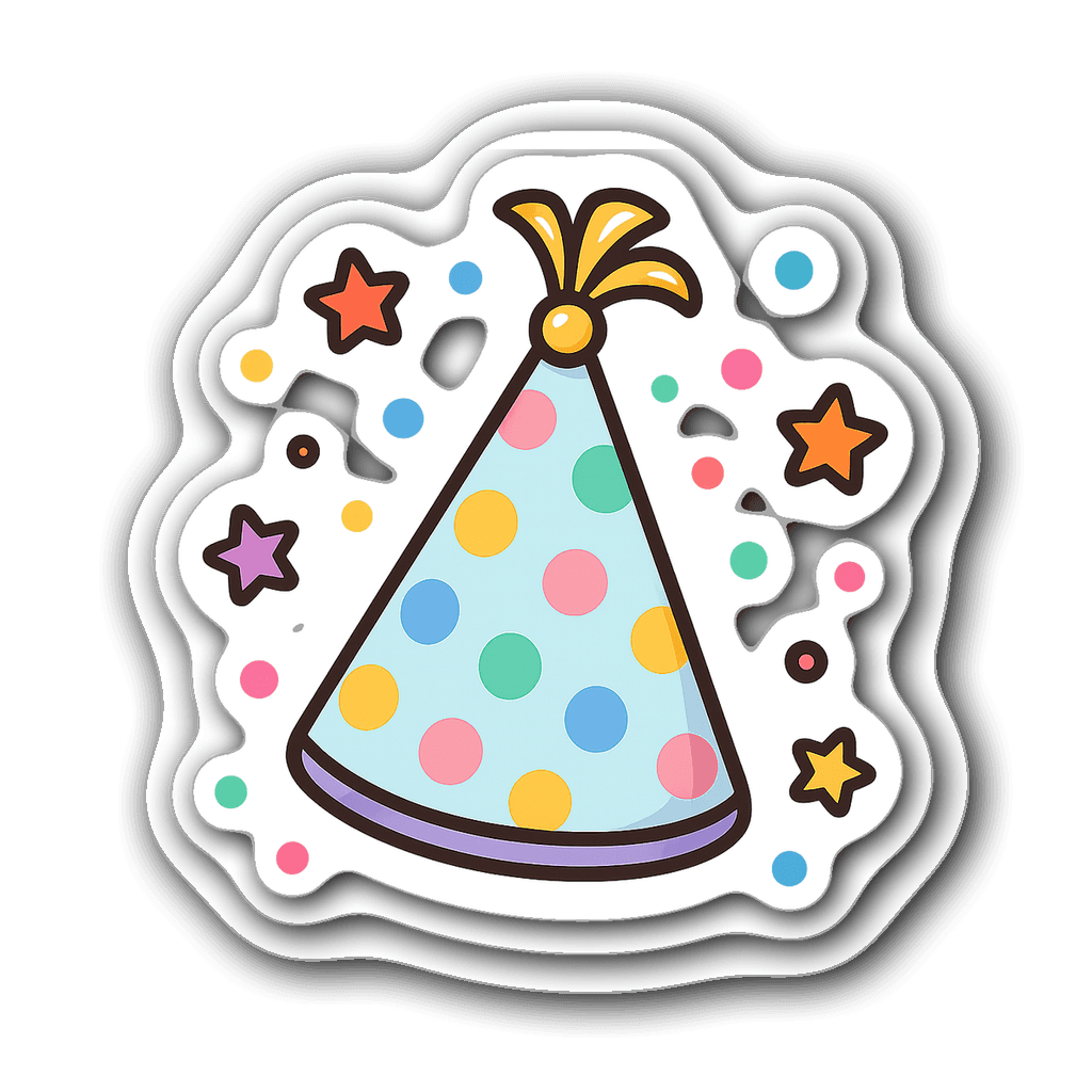 Cartoonish party hat with pastel polka dots and golden tassel.