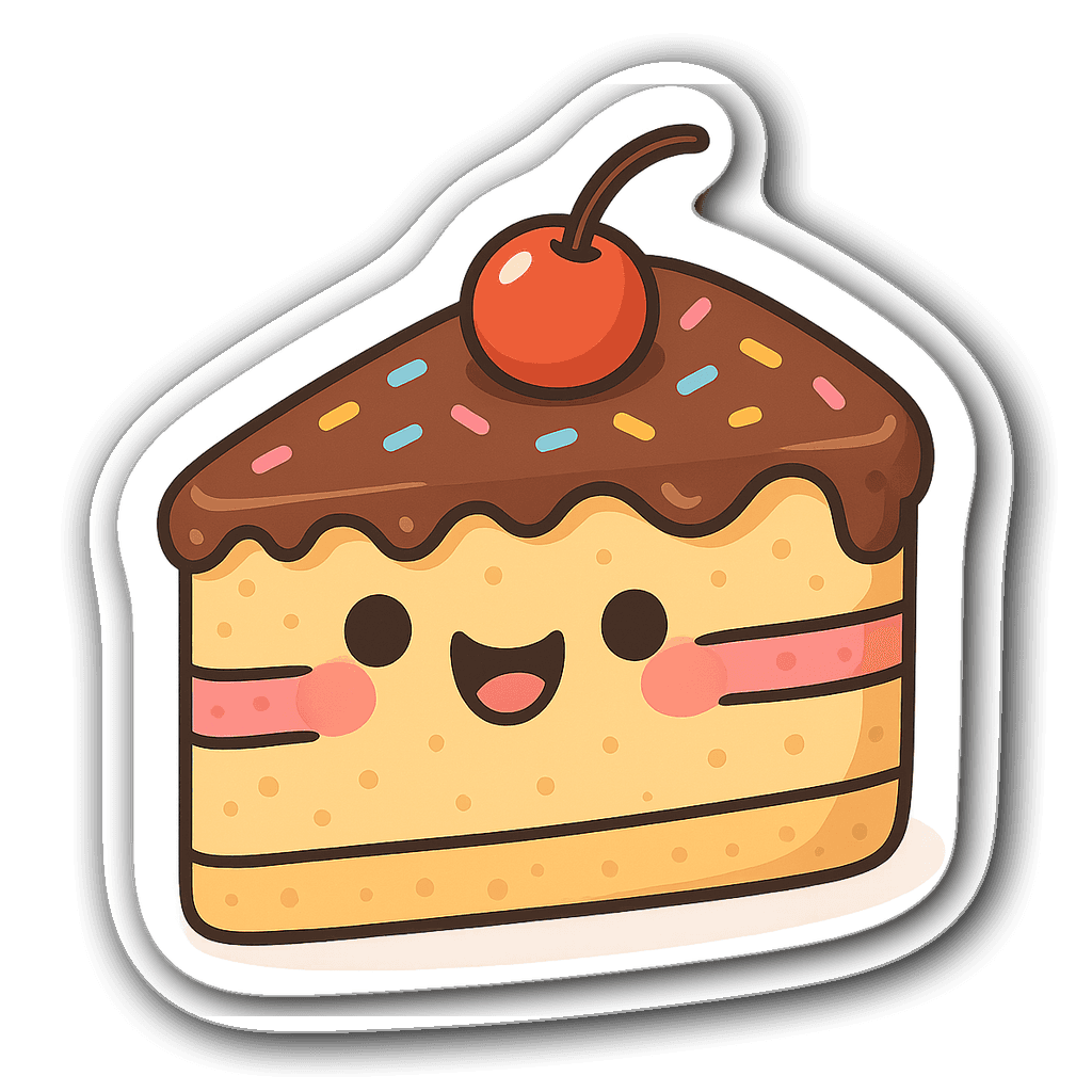 Smiling slice of birthday cake with cherry and sprinkles