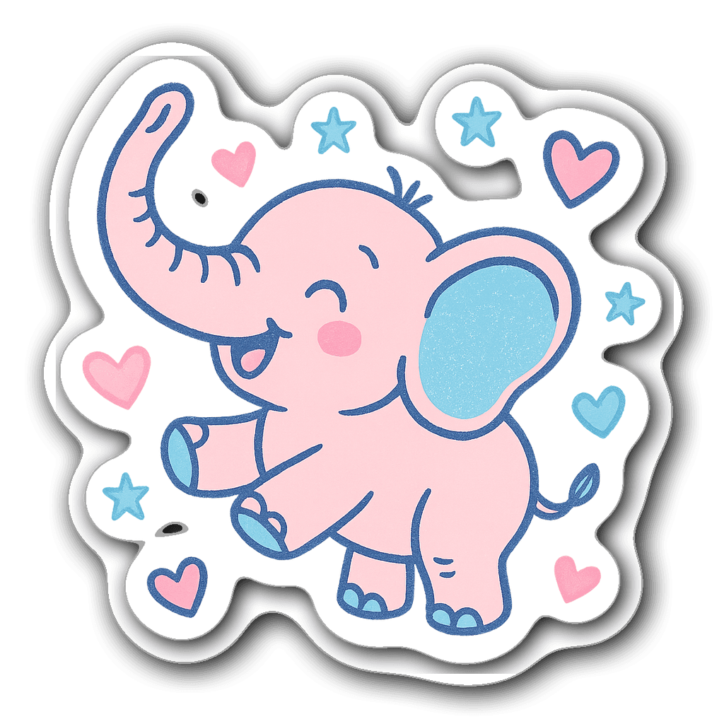Joyful baby elephant lifting its trunk with stars and hearts