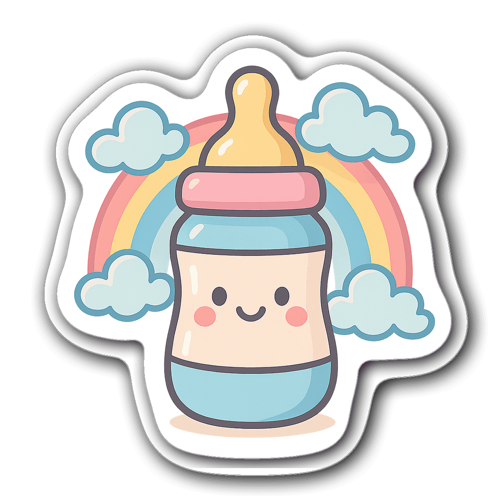 Cute baby bottle design with clouds and rainbow in pastel colors.