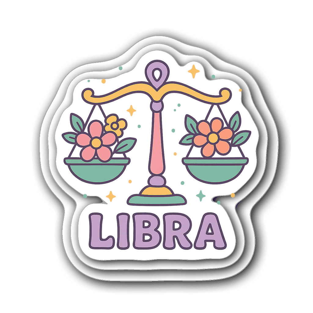 Colorful Libra zodiac sign sticker with cartoon scales and flowers
