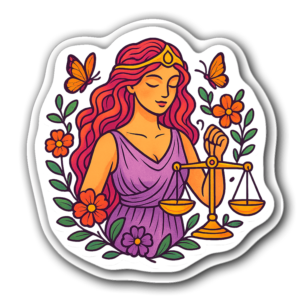 Libra goddess holding a scale with butterflies and flowers