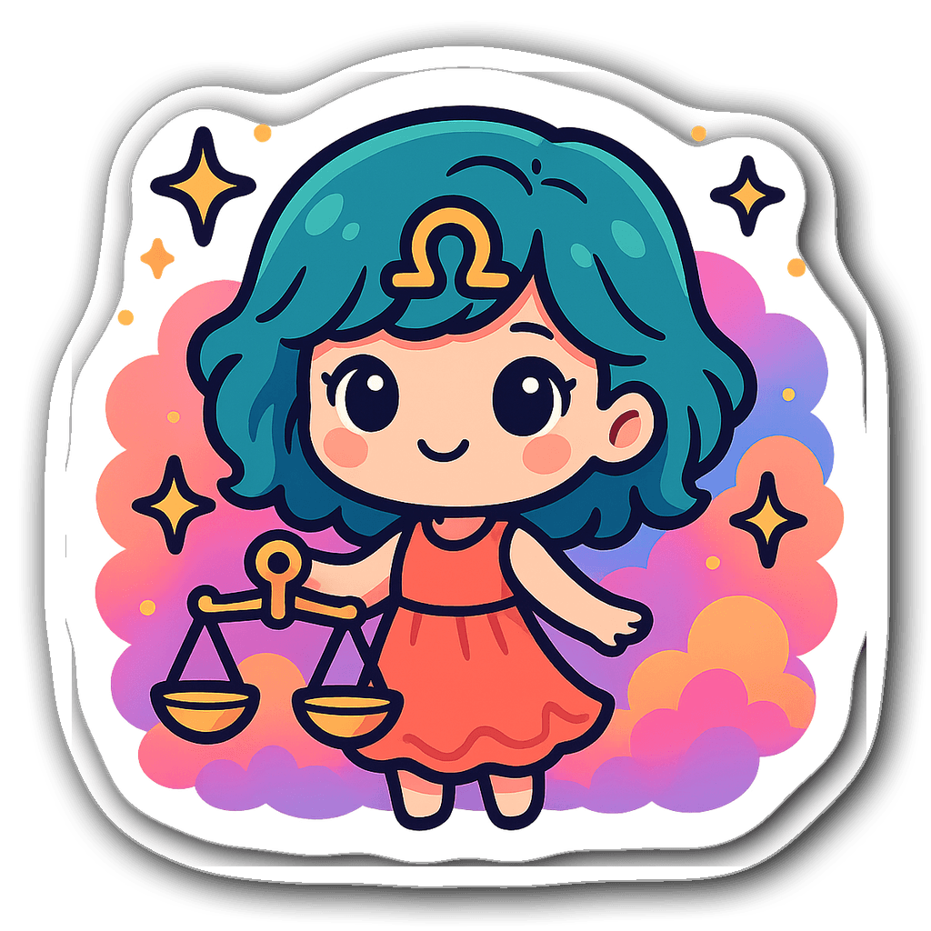 Chibi-style Libra character holding a scale with stars
