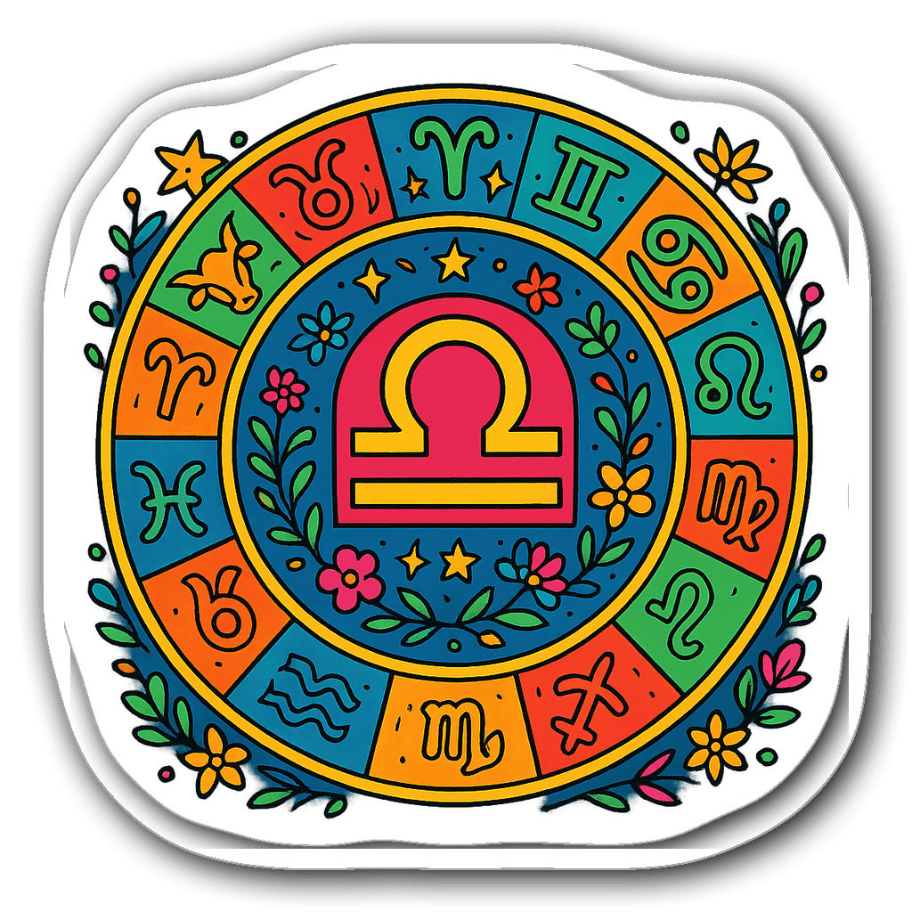 Vibrant Libra zodiac wheel sticker with stars and floral design