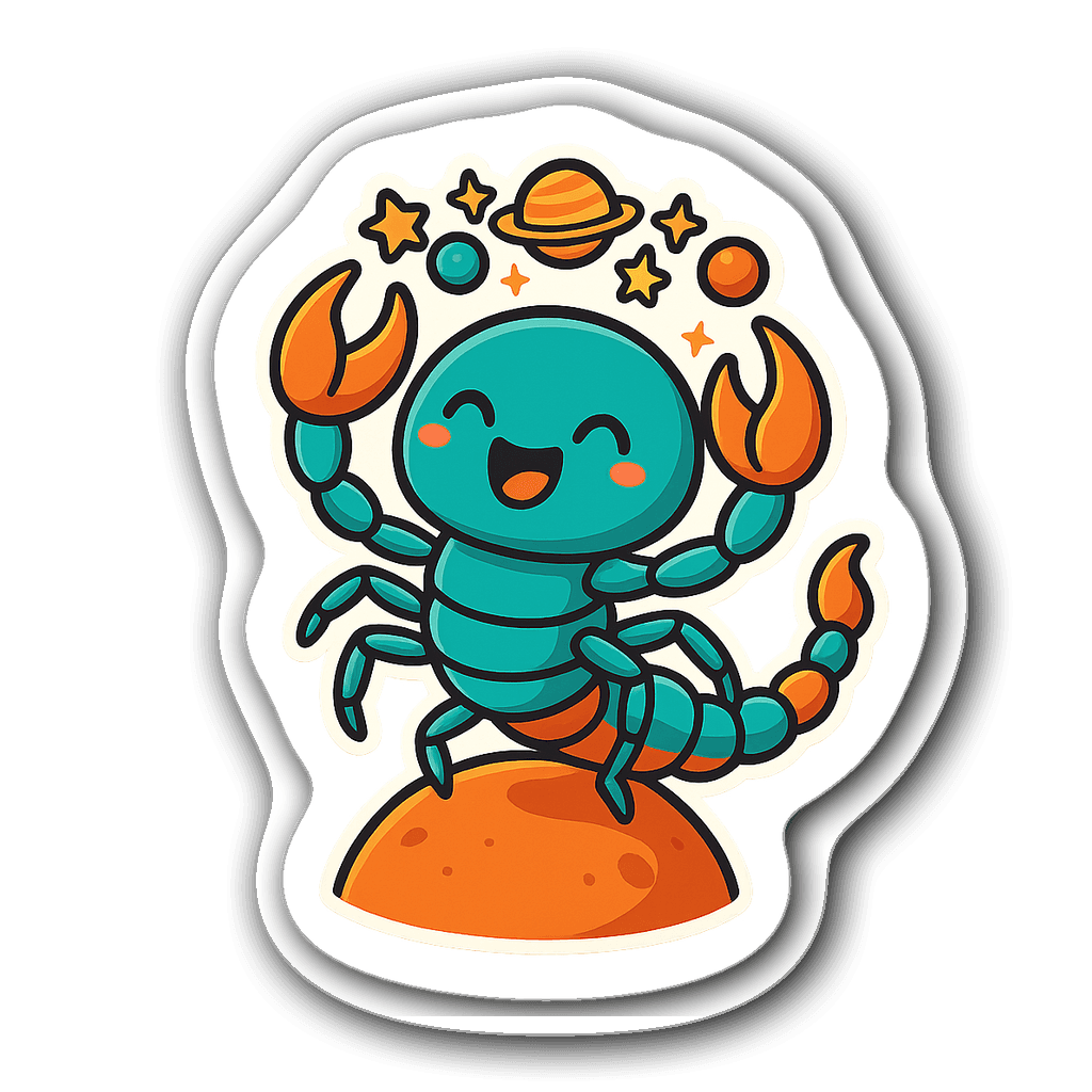 Kawaii chibi scorpion sticker on a cosmic cloud with stars