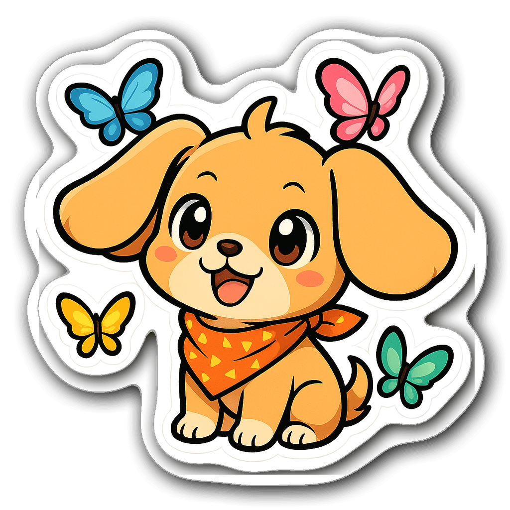 Adorable anime-style dog with butterflies sticker design