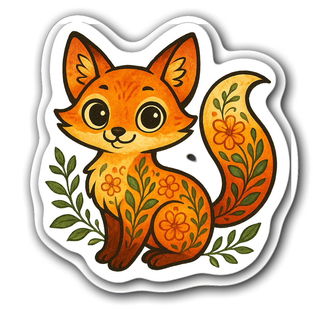 Whimsical fox spirit with floral patterns and vibrant colors