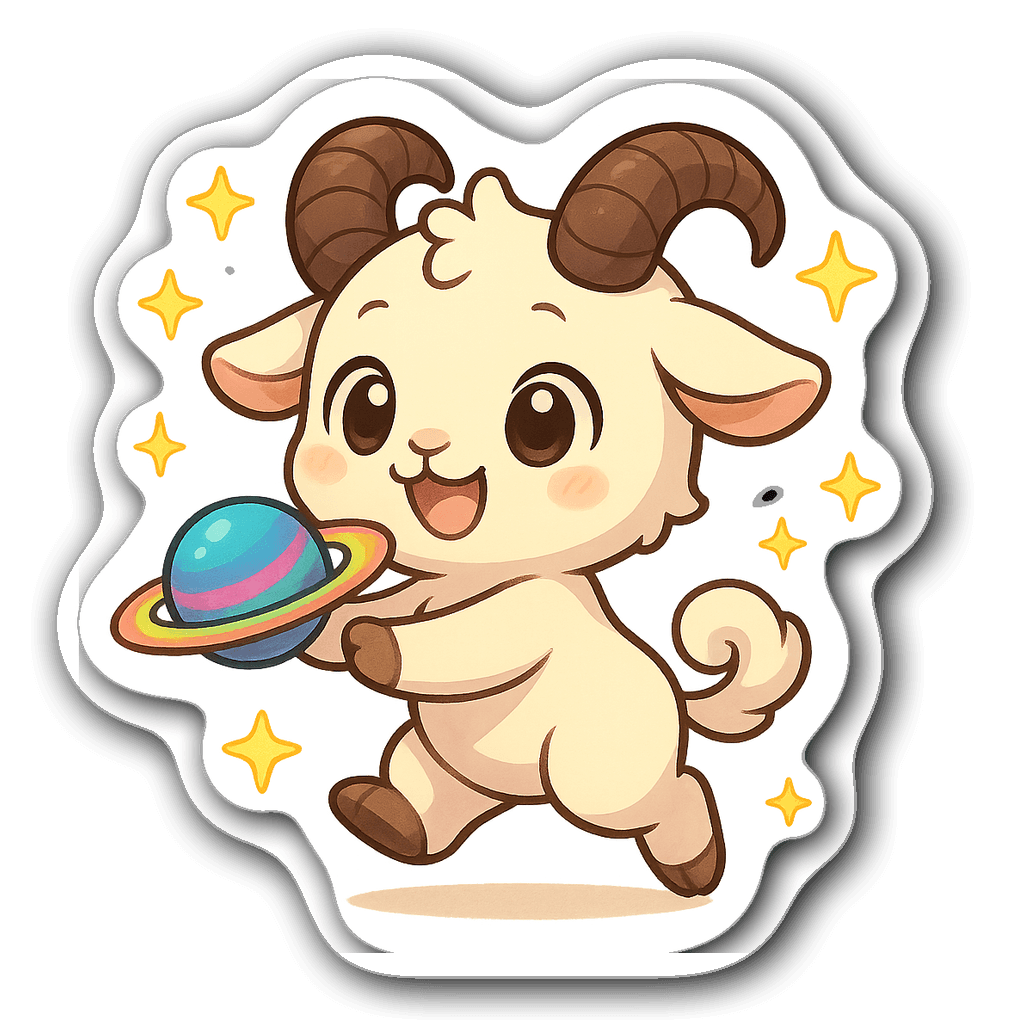 Chibi Capricorn character with big eyes and joyful expression.