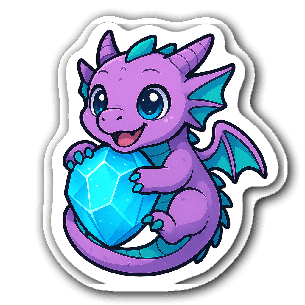 Cute chibi dragon wrapped around a glowing blue crystal
