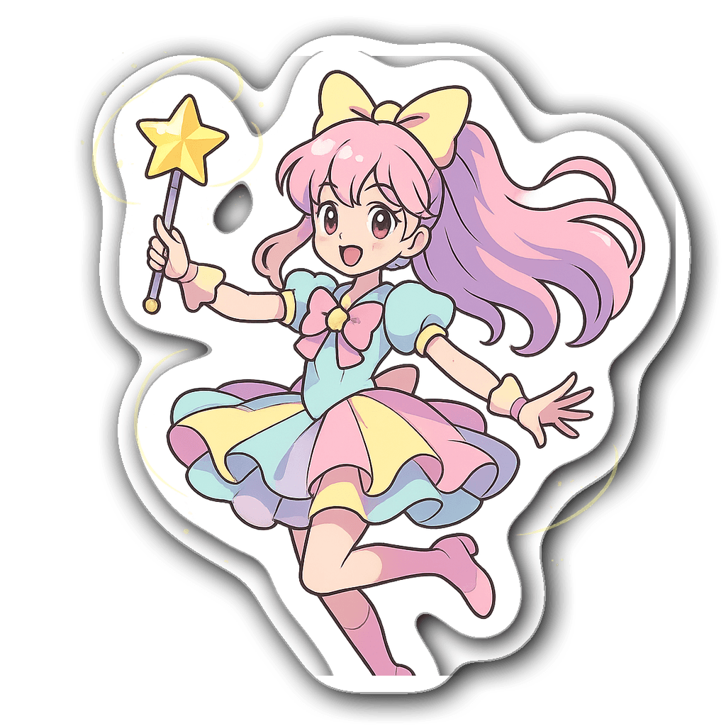 Magical girl in mid-pose casting a spell with a wand