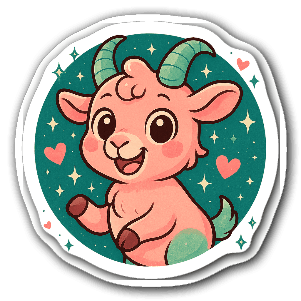 Kawaii chibi Capricorn goat sticker with big eyes and stones