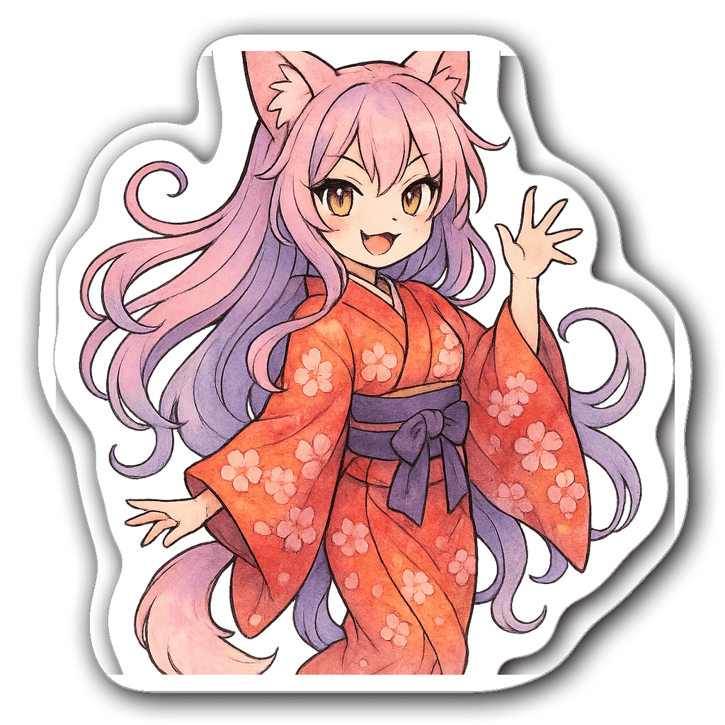 Watercolor anime cat girl sticker in kimono with cherry blossoms
