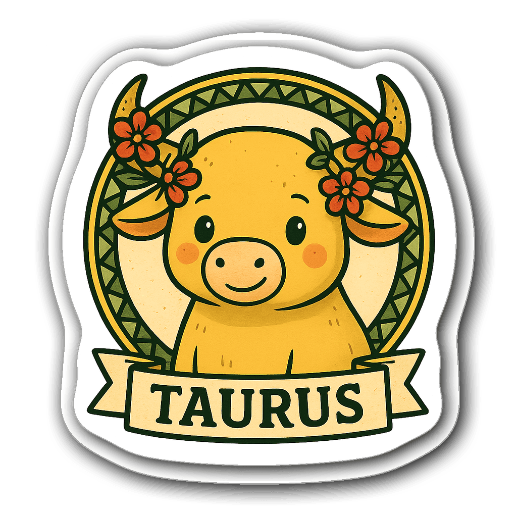 Cartoon bull Taurus zodiac sticker with flowers and badge design