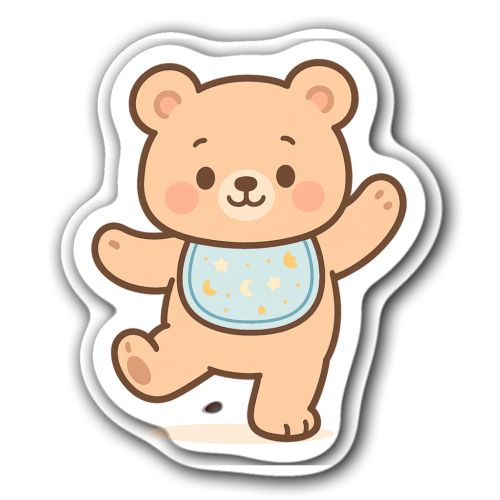 Cute cartoon bear wearing a baby bib with stars and moons