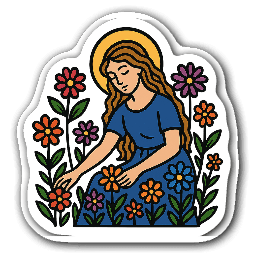 Virgo floral sticker featuring a maiden and colorful flowers