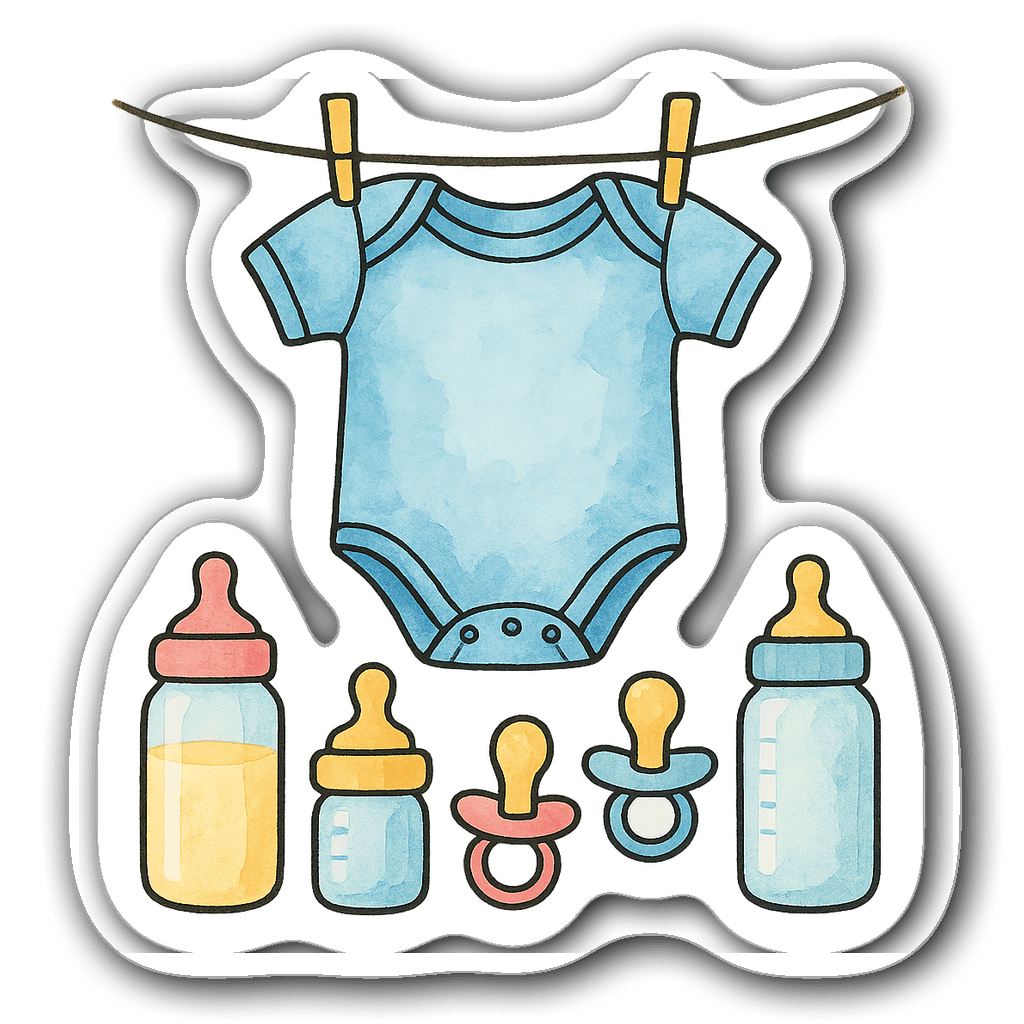 Watercolor illustration of a baby onesie on a clothesline with bottles.