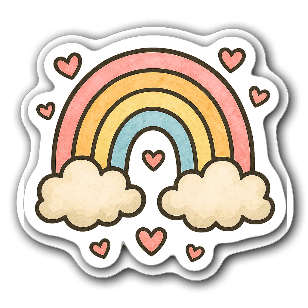 Cheerful watercolor pastel rainbow with clouds and hearts