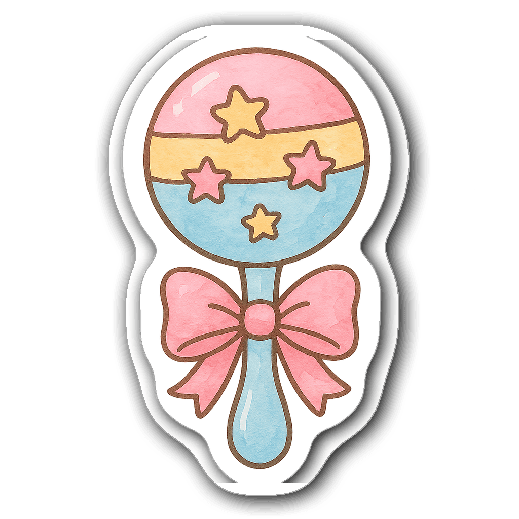 Adorable die-cut baby rattle sticker in pink and blue