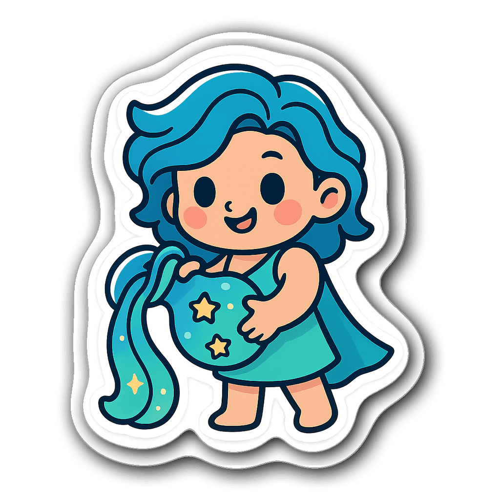 Watercolor Aquarius glyph with waves and celestial elements.