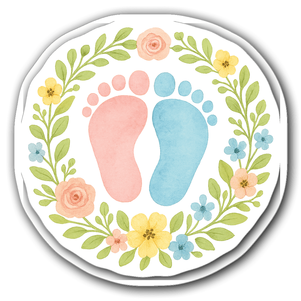 Watercolor baby footprint sticker surrounded by floral wreath
