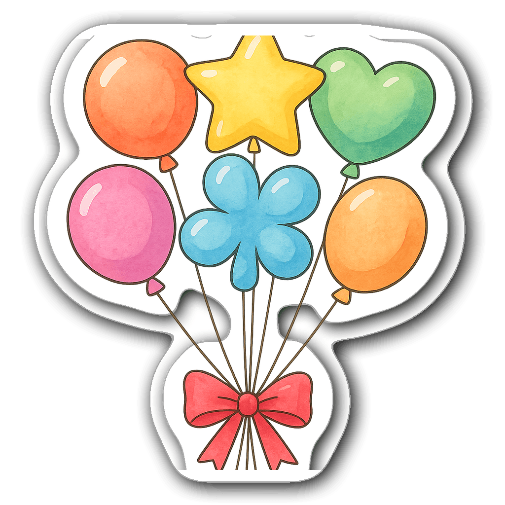 Watercolor illustration of colorful balloons tied with ribbon