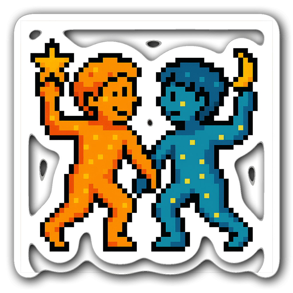 Gemini constellation pixel art sticker featuring twin figures