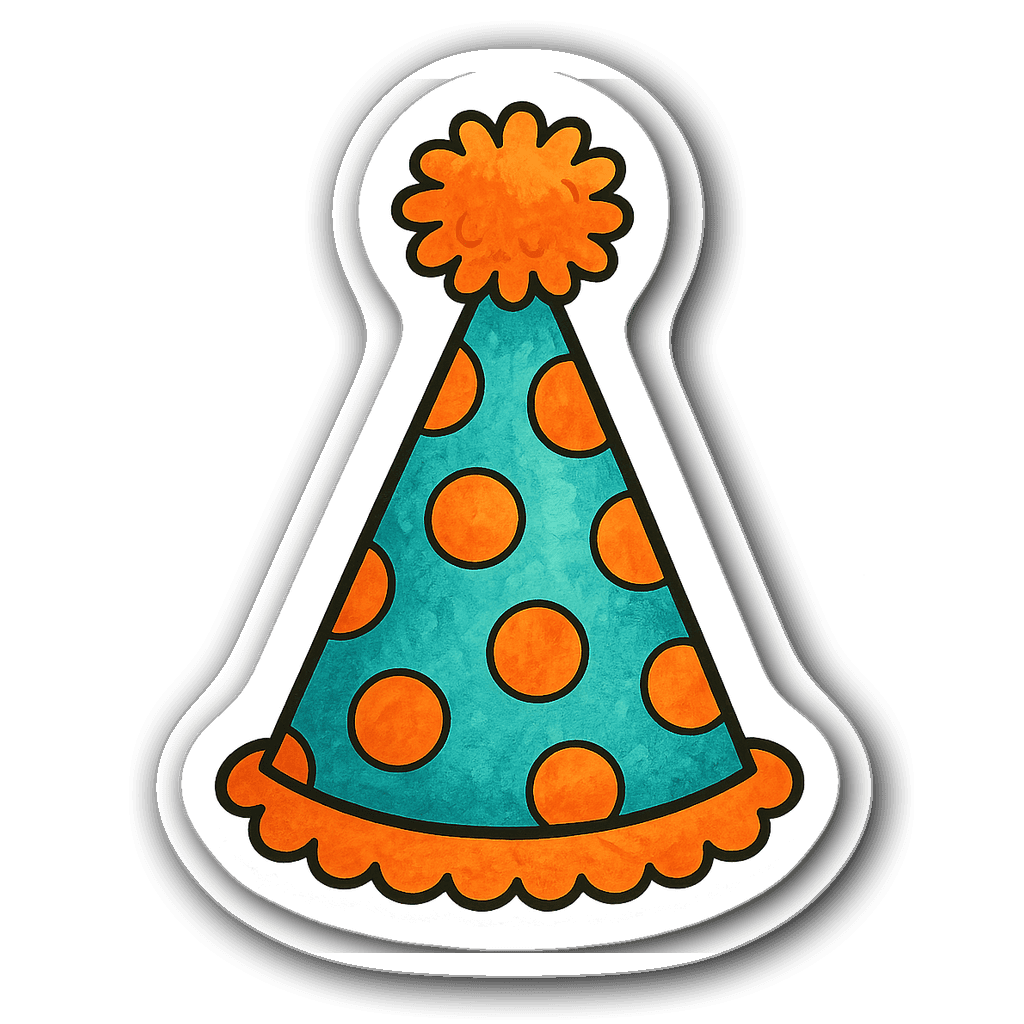 Watercolor cartoon-style party hat sticker with polka dots