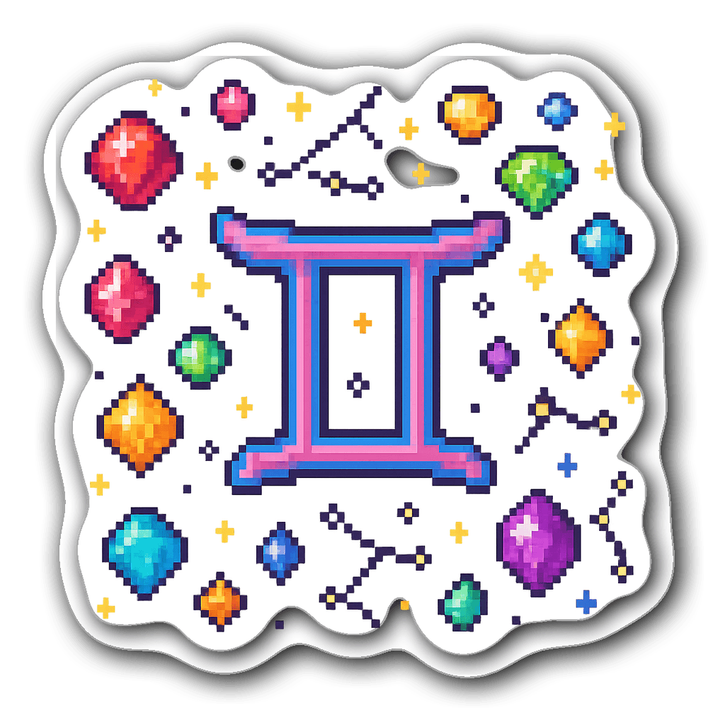 Gemini pixel art sticker with colorful gemstones and constellations