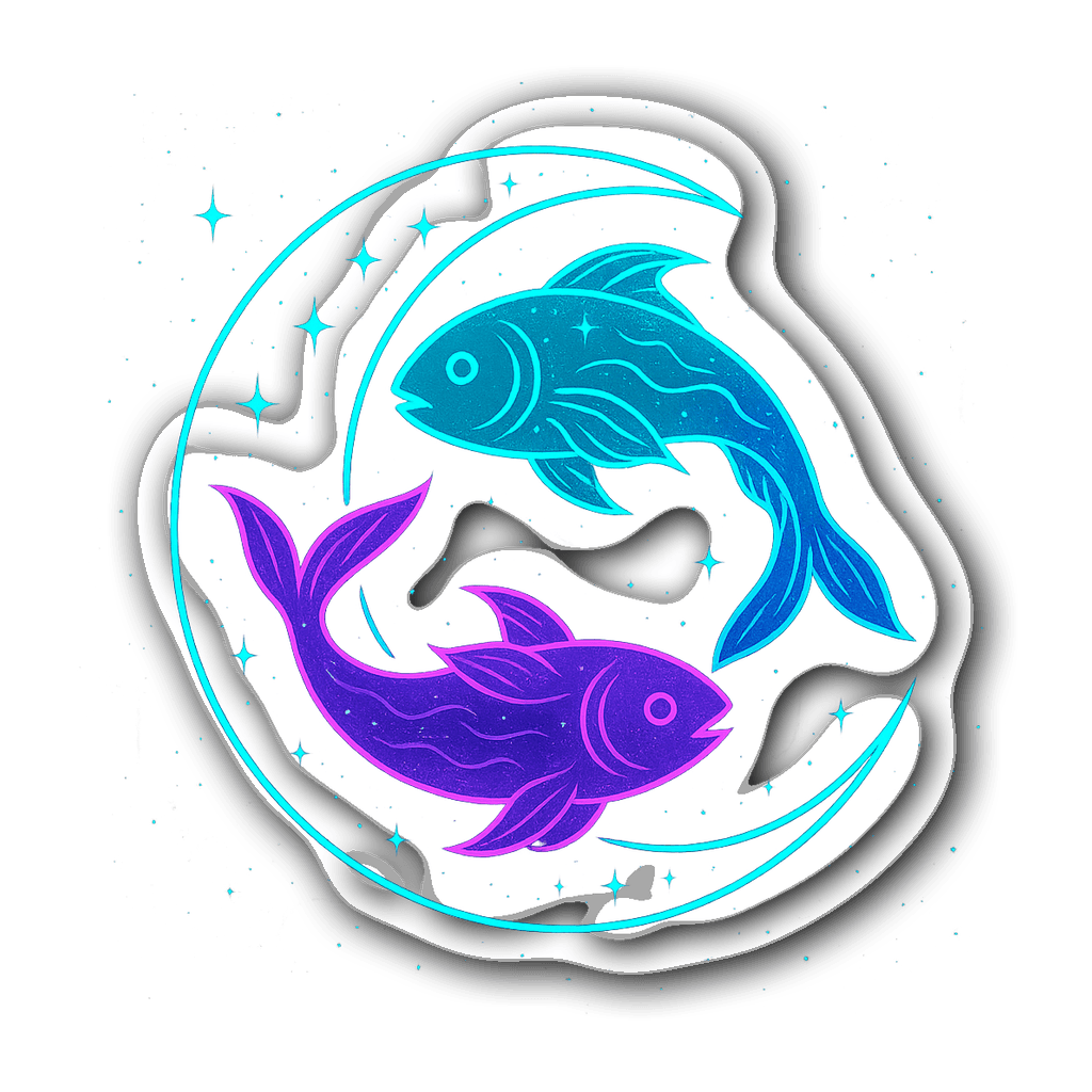 Pisces neon glow sticker featuring two fish and stars