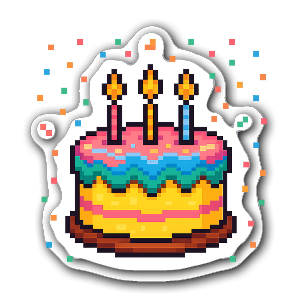 Pixel art birthday cake with colorful frosting and confetti