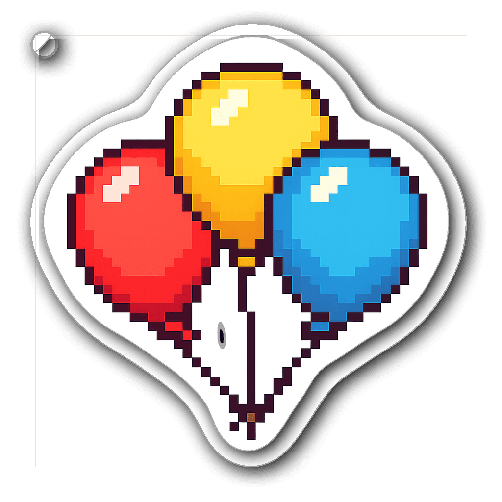 Pixel art balloon cluster sticker featuring three colorful balloons