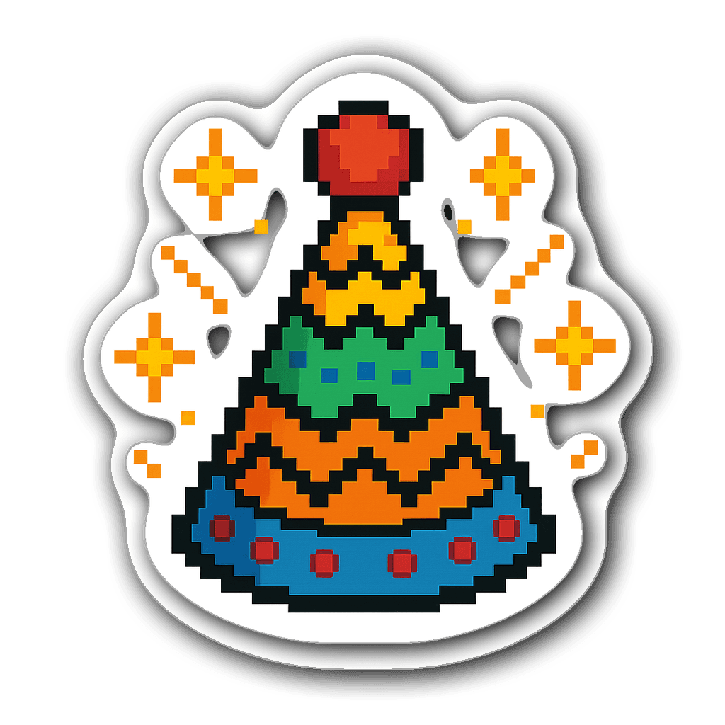 Pixel art sticker of a colorful party hat with sparkles