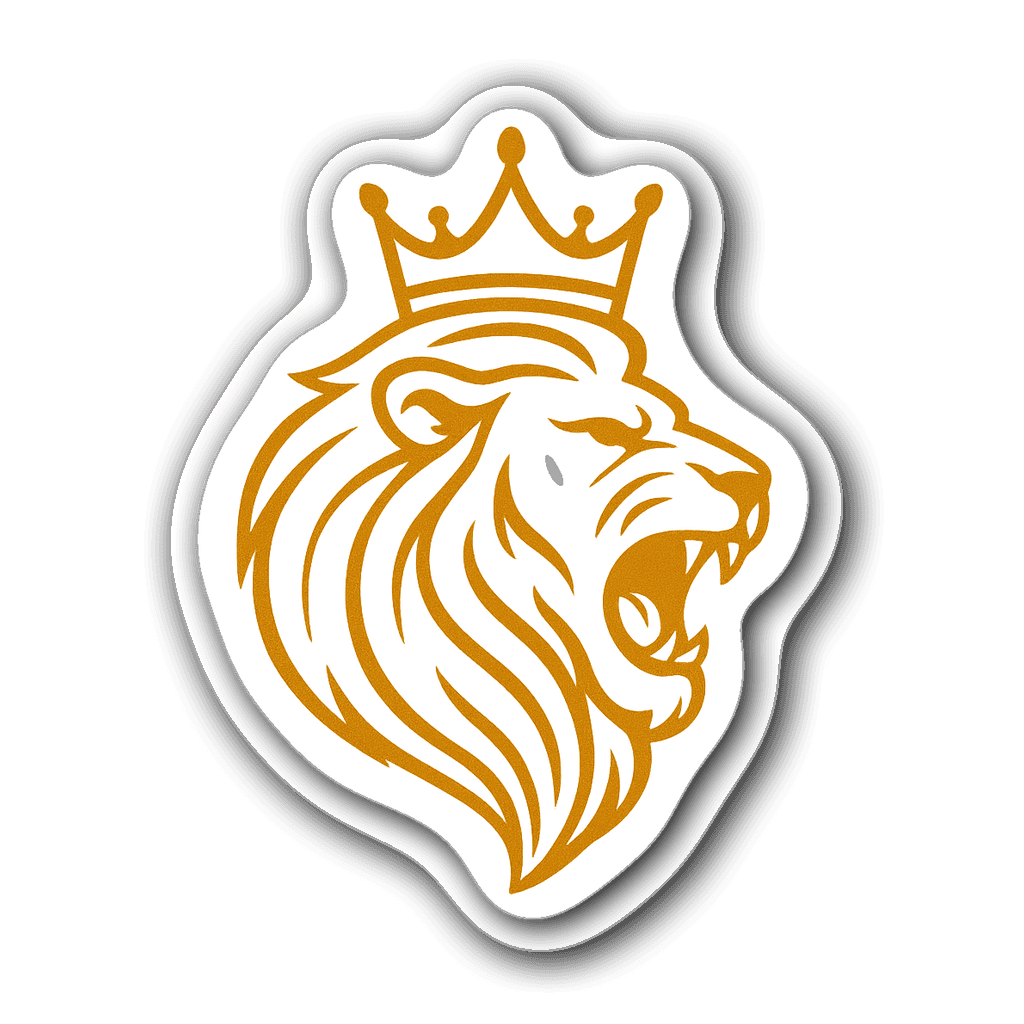 Minimalist line art sticker of a roaring lion with a crown