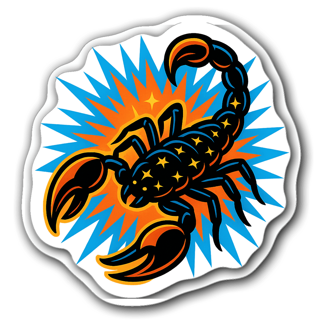 Bold comic book style Scorpio sticker with electric colors