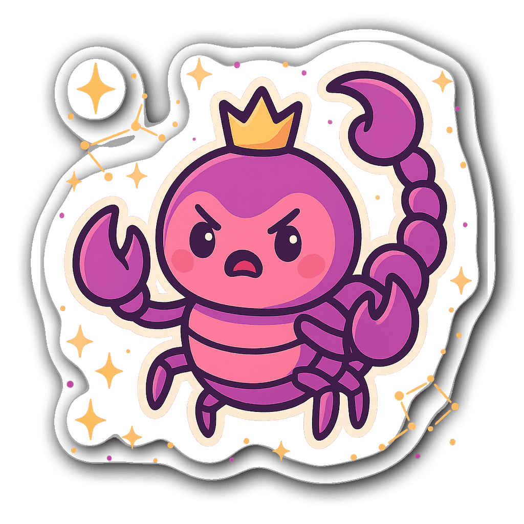 Comic book style Scorpio sticker with stars and crown.
